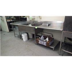 APPROX 117" L SHAPED STAINLESS STEEL COUNTER WITH DOUBLE SINK AND FAUCET