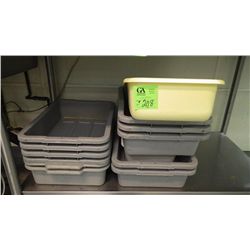 10 PLASTIC DISH RACKS, 11 BUS PANS AND  STAINLESS STEEL SHELF