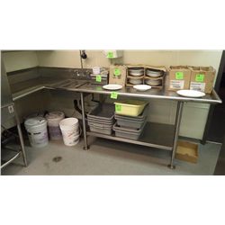 113" L SHAPED STAINLESS STEEL COUNTER WITH SINK AND FAUCET, AND SILVER POWER PRESOAK DISPENSER
