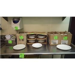24 UNUSED OVAL SHAP DISHES, 24 UNUSED SOUP BOWLS, 12 UNUSED PLATES, AND STAINLSS UTENSIL HOLDER