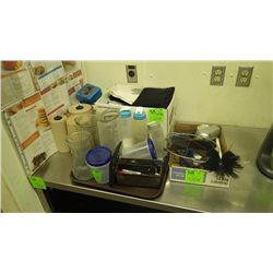 BOX OF APPRONS, TOWELS, PAPER TOWELS, AN MISC ITEMS