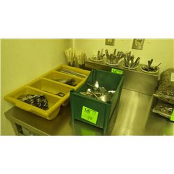 PLASTIC TRAY OF FORKS, KNIVES, SPOONS APPROX 100 OF EACH,  PLASTIC GLASSES OF APPROX 26 STEAK KNIVES
