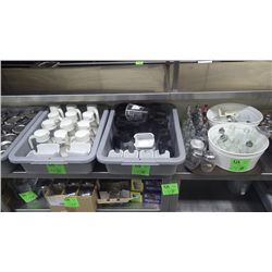 APPROX 22 CREAM DISPENSERS, 11 WHITE BOWLS, 20 VINEGAR DISPENSERS AND MISC