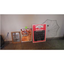6 ASSORTED BEER SIGNS, AND SPIDER WEB AND SPIDER