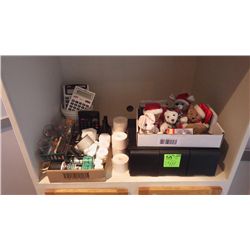 1 THREE SHELF WHEELED CART WITH CONTENTS (COASTER, CLEANING SUPPLIES) CONTENTS ON SHELF (STUFFED TOY