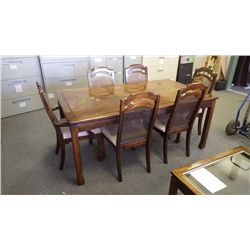 70L X 40W  SOLID WOOD TABLE WITH LEAF INSERTED AND 6 SOLID WOOD CHAIRS