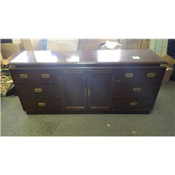 69W X 32H X 18D WOODEN DRESSER WITH DRAWERS AND 2 DOORS. DRAWERS AND DOORS ARE SOLID WOOD.