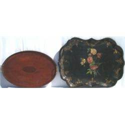 Victorian black papier-mache shaped rectangular tray with gilt & painted floral...