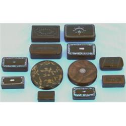 Collection of twelve Victorian papier-mache & wooden snuff boxes of various...