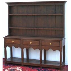 C18th oak 2-part dresser with 2-tier plate-rack above 3 drawers & shaped apron,...
