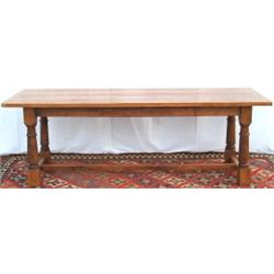 Oak refectory table, the 3-plank top with cleated ends, on turned baluster...