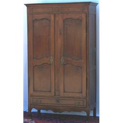 C19th French fruitwood 2-door armoire with ornate brass escutcheons & drawer...