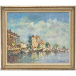 John Ambrose, b. 1931 - QUAYSIDE SCENE - oil on board, 20 by 24ins., in...