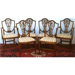 Set of six mahogany Hepplewhite style shield-back dining chairs with carved...