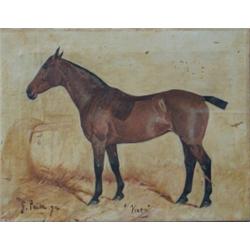 George Paice, 1854-1925 - "VIXEN", A CHESTNUT MARE IN A STABLE - oil on canvas, 14 by 18ins., unf...