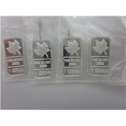 4 x .999 silver Canadian Maple Leaf 1 gram bars