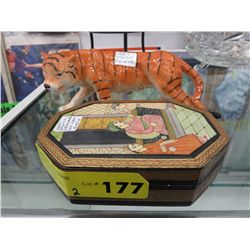 1950's Glazed tiger figurine & Oriental Box