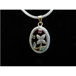 Diamond, emerald & ruby sterling silver necklace