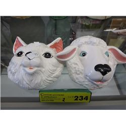 2 Glazed chalk ware wall banks - sheep & cat
