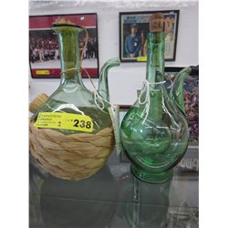2 Green glass wine decanters with ice chambers