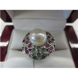 Pearl & gemstone silver dinner ring