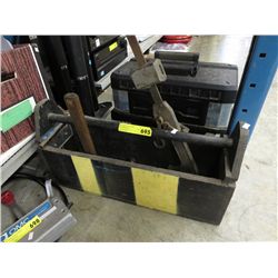 Vintage wooden tool caddy & contents