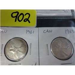 1963 & 1964 CDN 25 cent coins .800 silver