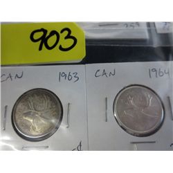 1965 & 1966 CDN 25 cent coins .800 silver
