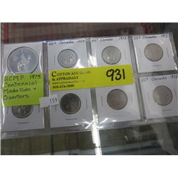 1973 RCMP Centennial medallion & 7 Quarters