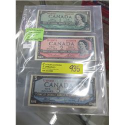 1954 CDN bank notes $1, $2, $5