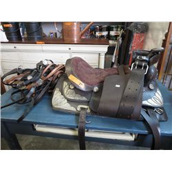 Silver inlaid leather show saddle w/tack
