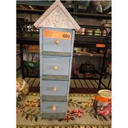 Birdhouse shaped curio cabinet
