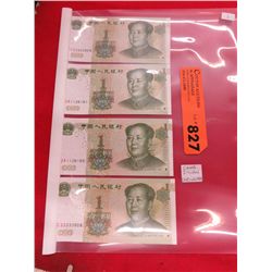 4x Bank of China 1999 uncirculated 1 Yuan notes