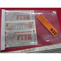 3x British Armed Forces 5 Pence bills