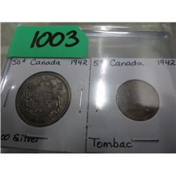 1942 CDN  silver 50 cent  coin & Tombac nickel
