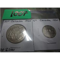 1950 CDN silver 50 cent  coin & nickel