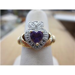 Silver & gold amethyst & diamond Claddagh ring