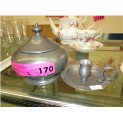 Antique pewter lidded container & candle stick