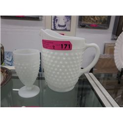 Vintage hobnail milk glass pitcher & goblet