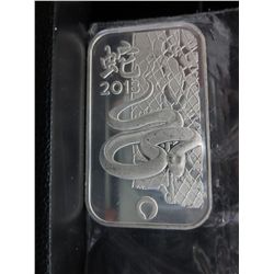 2013 Year of Snake motif silver bar