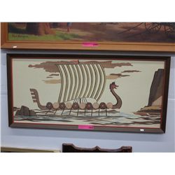 Painted wood art of a Viking ship