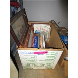Box of hard cover books & framed pictures