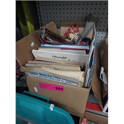 Box of books, decorative household items & a cane
