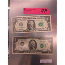 2x 1976 US $1 bill & 2009 $1 Bill