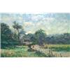 Image 1 : John Ambrose, b. 1931 - LANDSCAPE WITH FIGURES IN A LANE AND COTTAGE BEYOND -...
