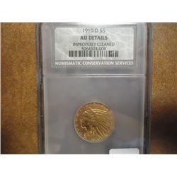 1910-D GOLD US $5 INDIAN NCS AU DETAILS