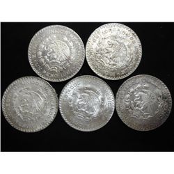 5 ASSORTED 1960'S MEXICO SILVER PESOS