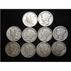 10 ASSORTED 1940'S  MERCURY DIMES