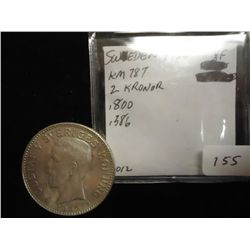 1936 SWEDEN SILVER 2 KRONOR XF .386 OZ. ASW