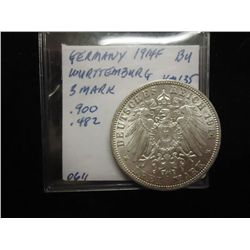 1914-F GERMAN WURTTEMBURG SILVER 3 MARKS BU